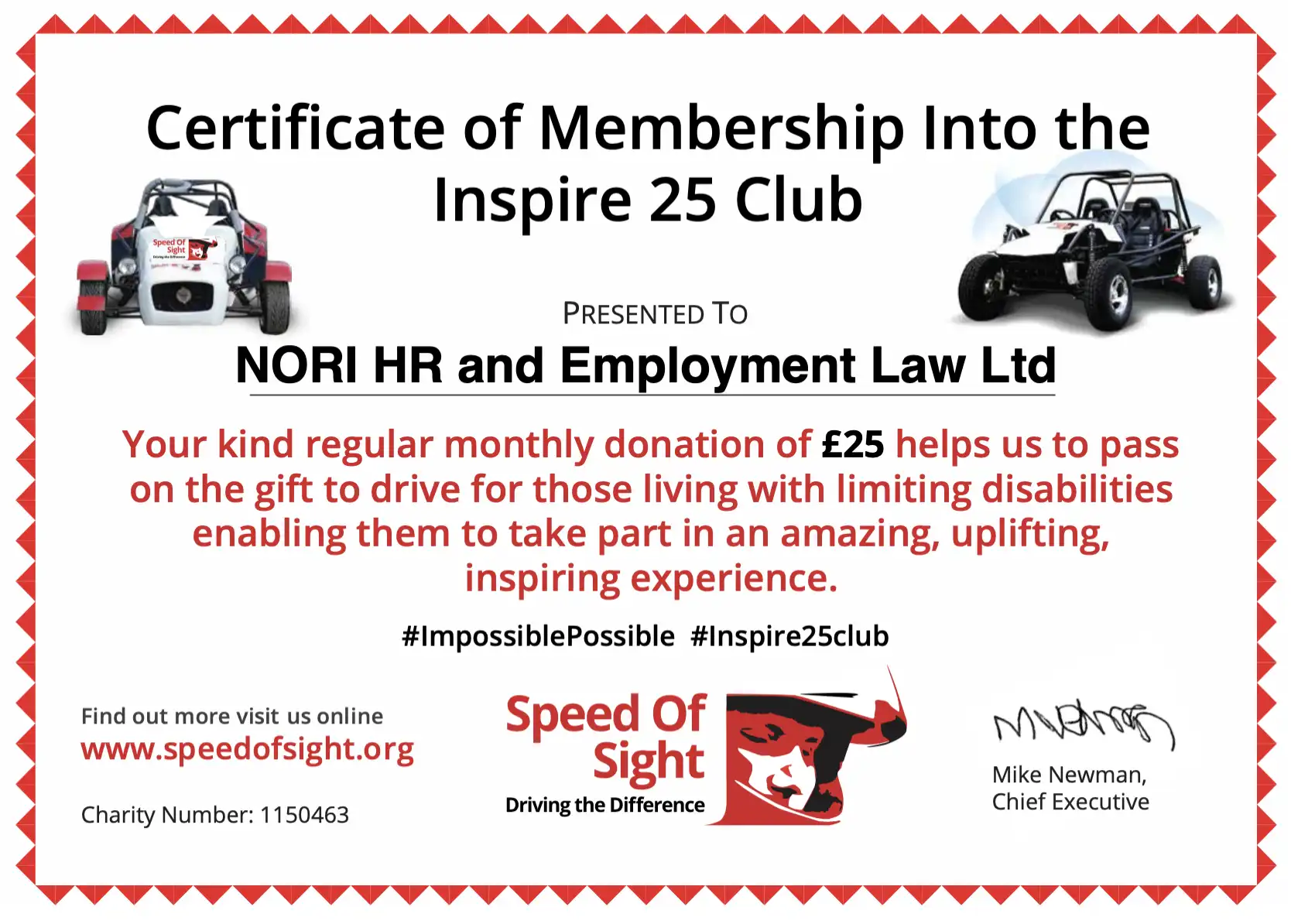 Speed of Sight Sponsorship certificate NORI HR